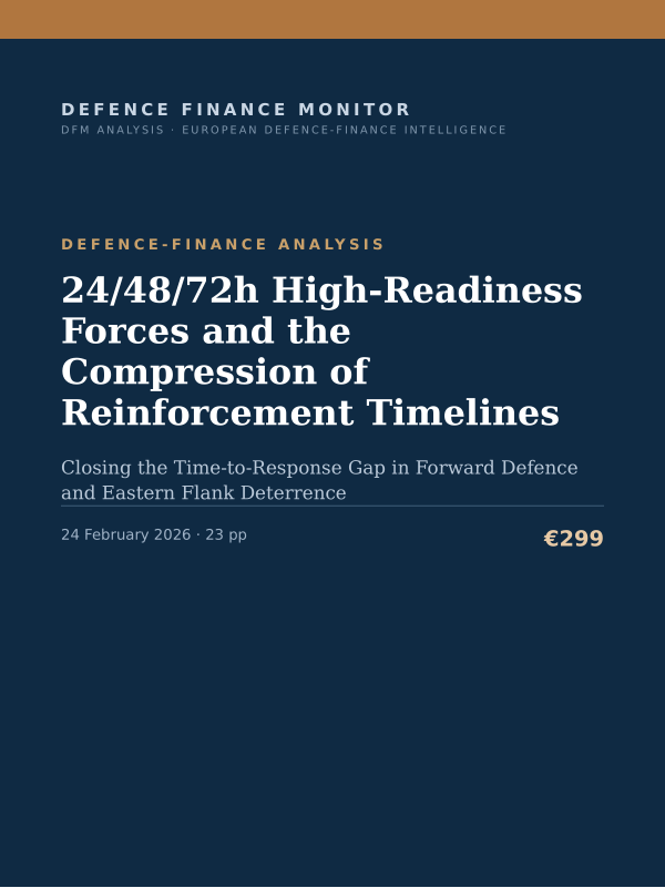 Cover of the DFM report “24/48/72h High-Readiness Forces and the Compression of Reinforcement Timelines” — Defence-Finance Analysis, 23-page PDF