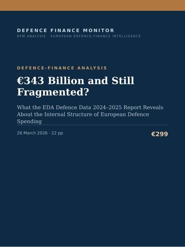 Cover of the DFM report “€343 Billion and Still Fragmented?” — Defence-Finance Analysis, 22-page PDF