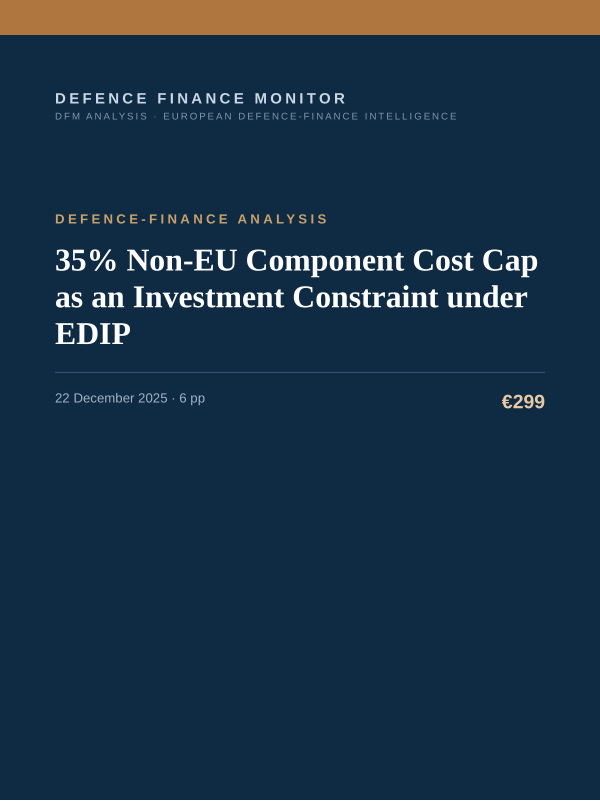 Cover of the DFM report “35% Non-EU Component Cost Cap as an Investment Constraint under EDIP” — Defence-Finance Analysis, 6-page PDF