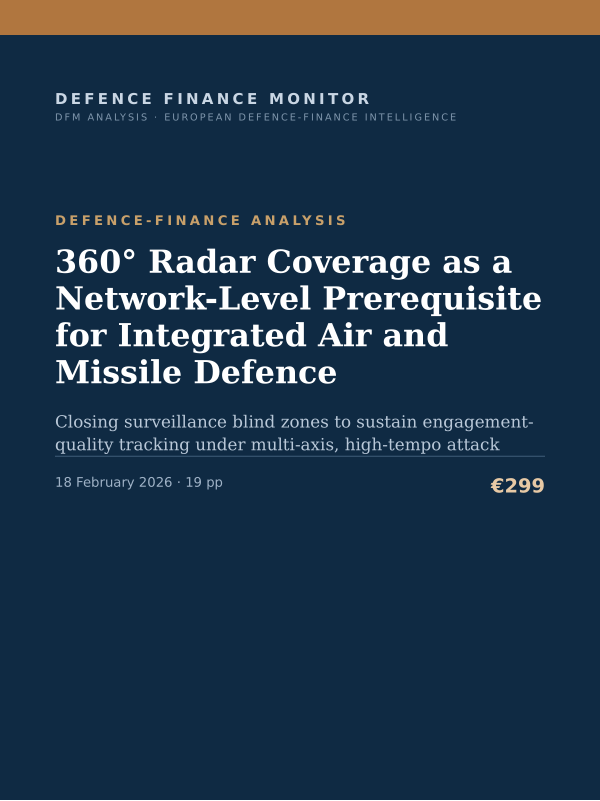 Cover of the DFM report “360° Radar Coverage as a Network-Level Prerequisite for Integrated Air and Missile Defence” — Defence-Finance Analysis, 19-page PDF