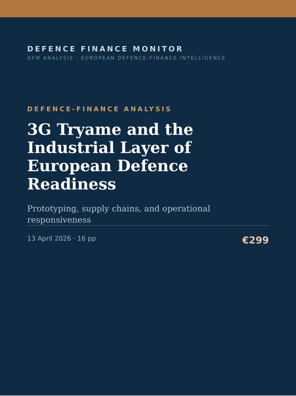 Cover of the DFM report “3G Tryame and the Industrial Layer of European Defence Readiness” — Defence-Finance Analysis, 16-page PDF