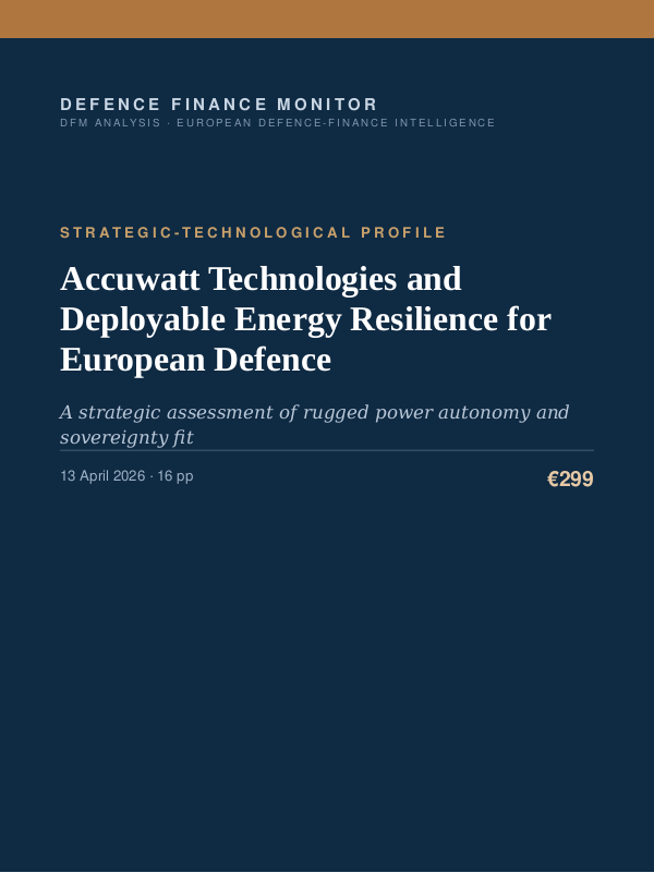 Cover of the DFM report “Accuwatt Technologies and Deployable Energy Resilience for European Defence” — Strategic-Technological Profile, 16-page PDF