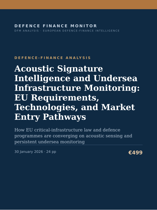 Cover of the DFM report “Acoustic Signature Intelligence and Undersea Infrastructure Monitoring: EU Requirements, Technologies, and Market Entry Pathways” — Defence-Finance Analysis, 24-page PDF