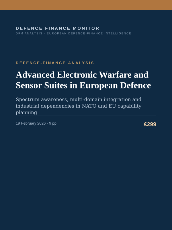 Cover of the DFM report “Advanced Electronic Warfare and Sensor Suites in European Defence” — Defence-Finance Analysis, 9-page PDF