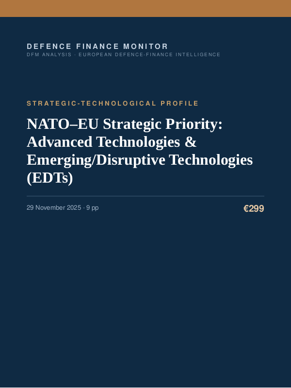 Cover of the DFM report “NATO–EU Strategic Priority: Advanced Technologies & Emerging/Disruptive Technologies (EDTs)” — Strategic-Technological Profile, 9-page PDF