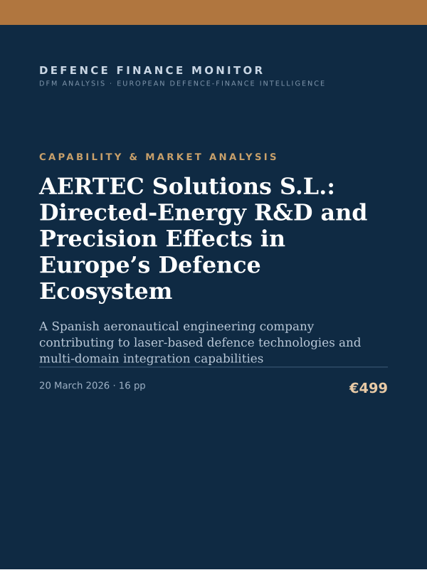 Cover of the DFM report “AERTEC Solutions S.L.: Directed-Energy R&D and Precision Effects in Europe’s Defence Ecosystem” — Capability & Market Analysis, 16-page PDF