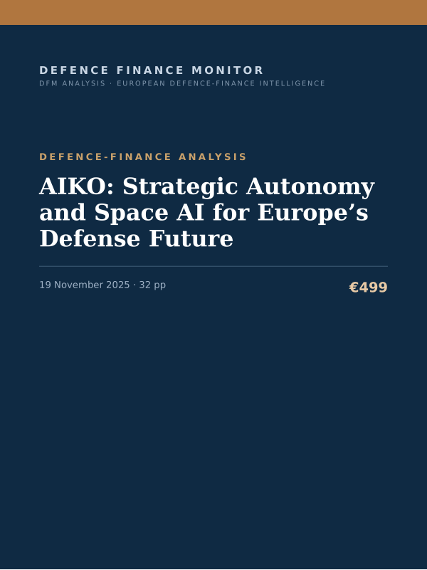 Cover of the DFM report “AIKO: Strategic Autonomy and Space AI for Europe’s Defense Future” — Defence-Finance Analysis, 32-page PDF