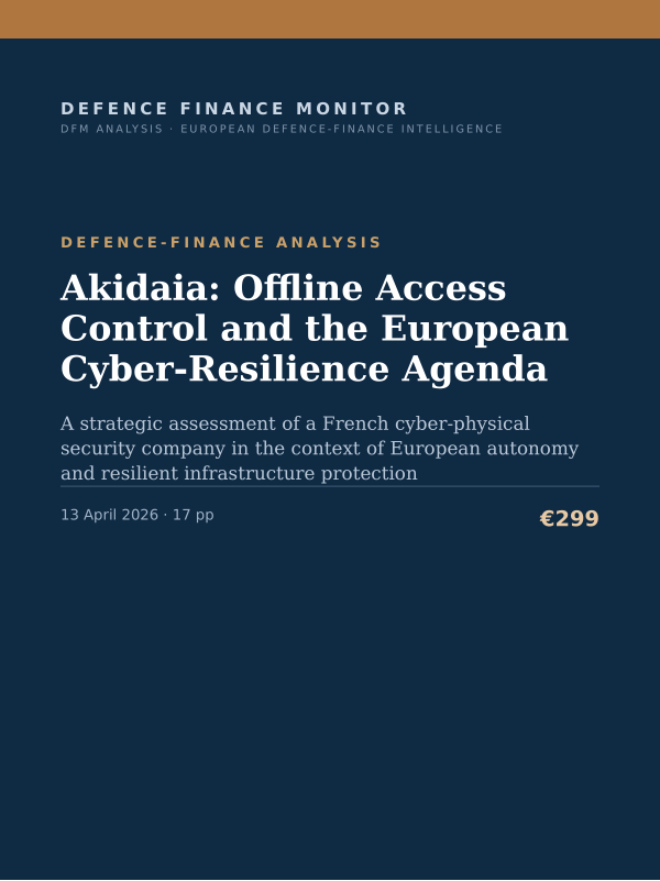 Cover of the DFM report “Akidaia: Offline Access Control and the European Cyber-Resilience Agenda” — Defence-Finance Analysis, 17-page PDF