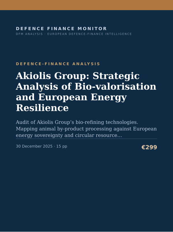 Cover of the DFM report “Akiolis Group: Strategic Analysis of Bio-valorisation and European Energy Resilience” — Defence-Finance Analysis, 15-page PDF