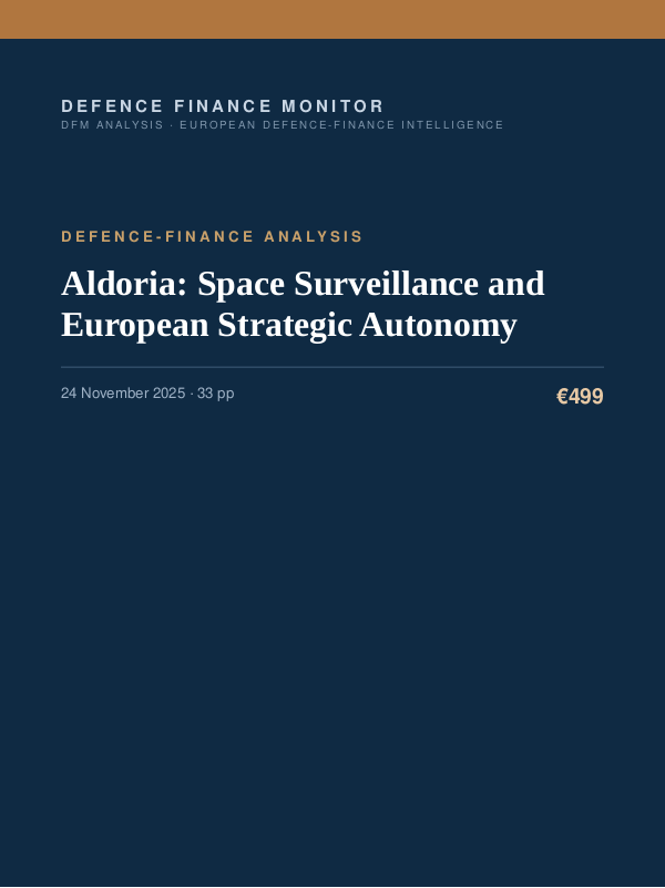 Cover of the DFM report “Aldoria: Space Surveillance and European Strategic Autonomy” — Defence-Finance Analysis, 33-page PDF