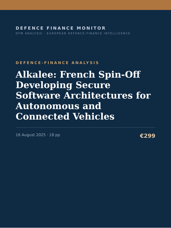 Cover of the DFM report “Alkalee: French Spin-Off Developing Secure Software Architectures for Autonomous and Connected Vehicles” — Defence-Finance Analysis, 18-page PDF