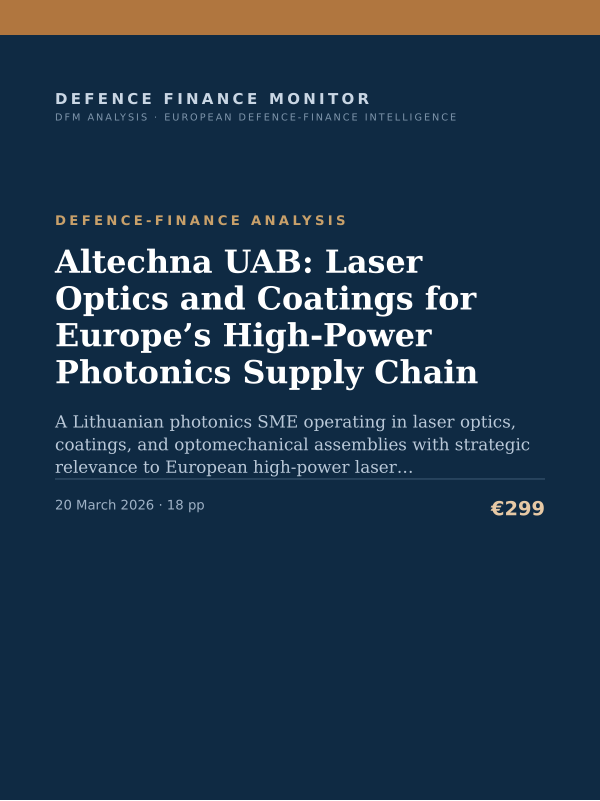Cover of the DFM report “Altechna UAB: Laser Optics and Coatings for Europe’s High-Power Photonics Supply Chain” — Defence-Finance Analysis, 18-page PDF