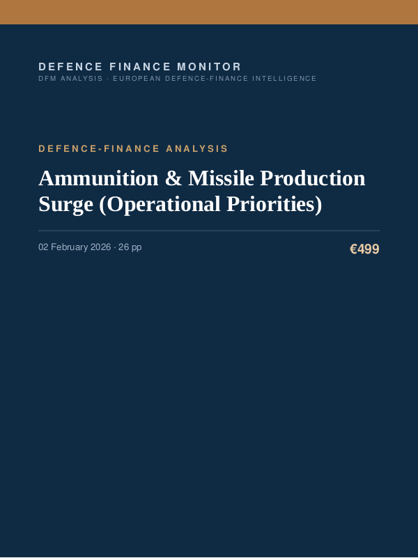 Cover of the DFM report “Ammunition & Missile Production Surge (Operational Priorities)” — Defence-Finance Analysis, 26-page PDF