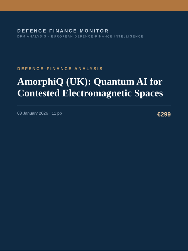 Cover of the DFM report “AmorphiQ (UK): Quantum AI for Contested Electromagnetic Spaces” — Defence-Finance Analysis, 11-page PDF