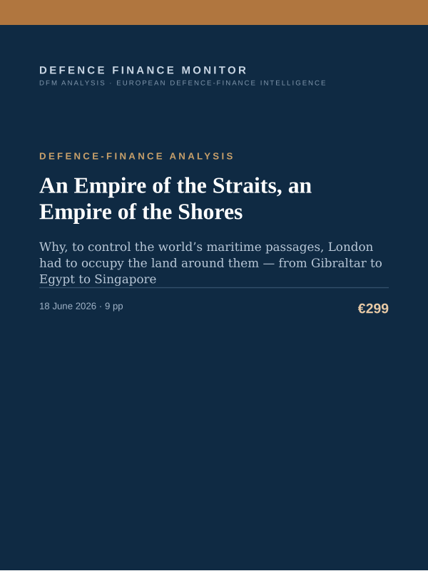 Cover of the DFM report “An Empire of the Straits, an Empire of the Shores” — Defence-Finance Analysis, 9-page PDF