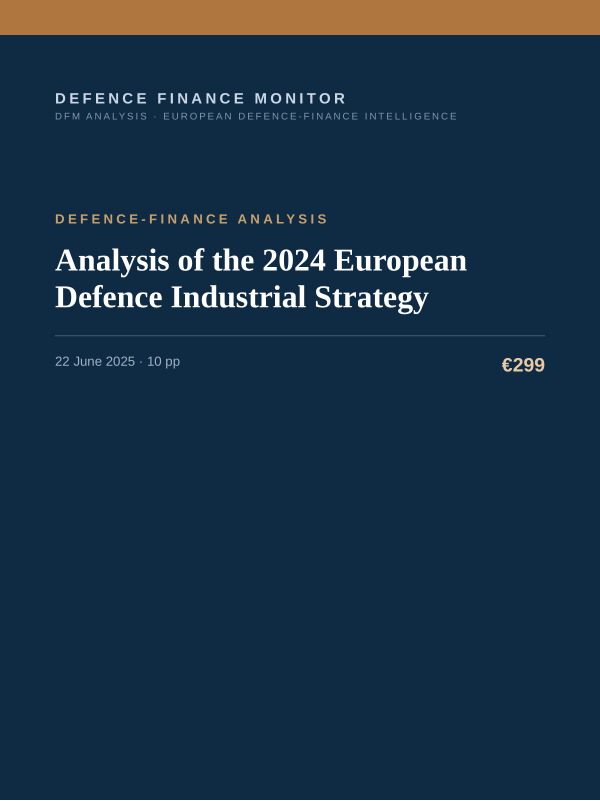 Cover of the DFM report “Analysis of the 2024 European Defence Industrial Strategy” — Defence-Finance Analysis, 10-page PDF