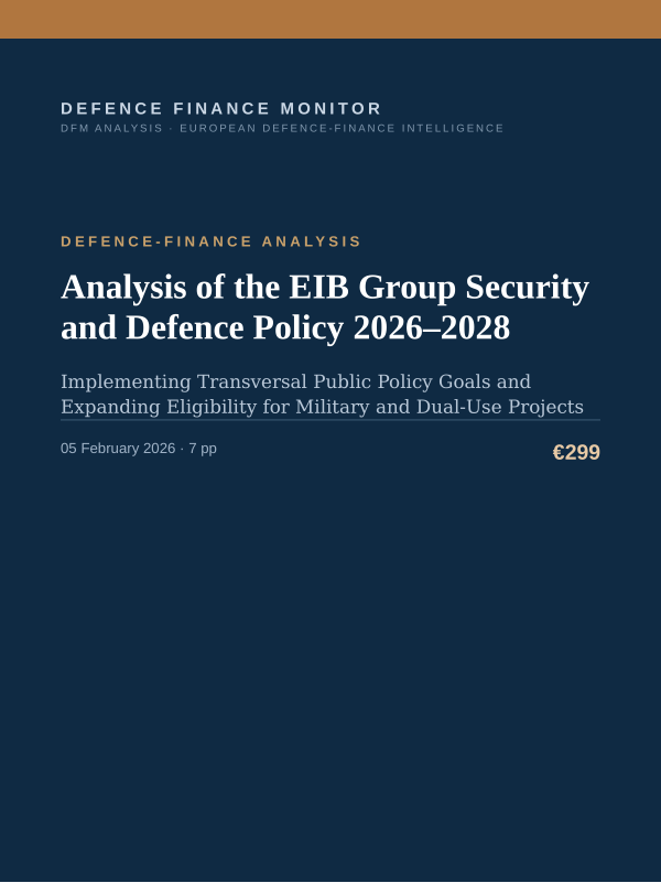 Cover of the DFM report “Analysis of the EIB Group Security and Defence Policy 2026–2028” — Defence-Finance Analysis, 7-page PDF