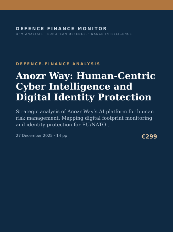 Cover of the DFM report “Anozr Way: Human-Centric Cyber Intelligence and Digital Identity Protection” — Defence-Finance Analysis, 14-page PDF