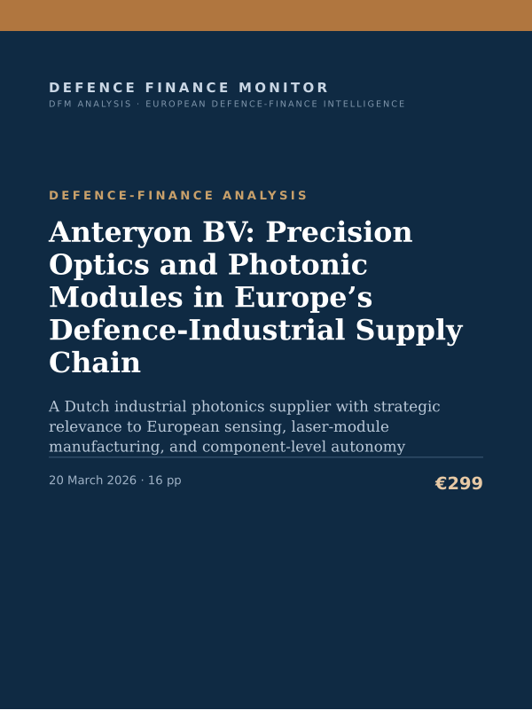 Cover of the DFM report “Anteryon BV: Precision Optics and Photonic Modules in Europe’s Defence-Industrial Supply Chain” — Defence-Finance Analysis, 16-page PDF