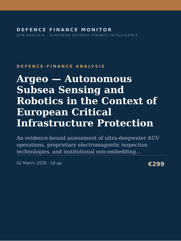 Cover of the DFM report “Argeo — Autonomous Subsea Sensing and Robotics in the Context of European Critical Infrastructure Protection” — Defence-Finance Analysis, 16-page PDF