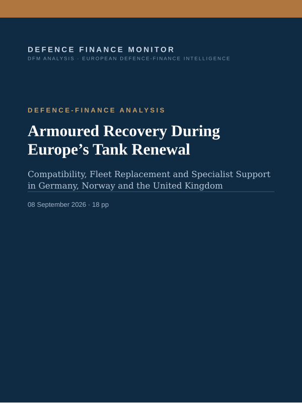 Cover of the DFM report “Armoured Recovery During Europe’s Tank Renewal” — Defence-Finance Analysis, 18-page PDF