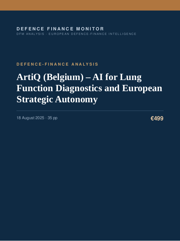 Cover of the DFM report “ArtiQ (Belgium) – AI for Lung Function Diagnostics and European Strategic Autonomy” — Defence-Finance Analysis, 35-page PDF
