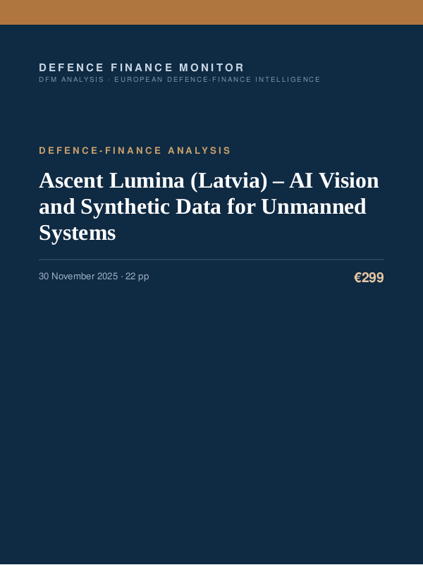 Cover of the DFM report “Ascent Lumina (Latvia) – AI Vision and Synthetic Data for Unmanned Systems” — Defence-Finance Analysis, 22-page PDF