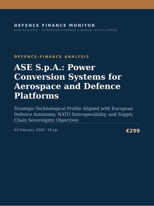 Cover of the DFM report “ASE S.p.A.: Power Conversion Systems for Aerospace and Defence Platforms” — Defence-Finance Analysis, 16-page PDF