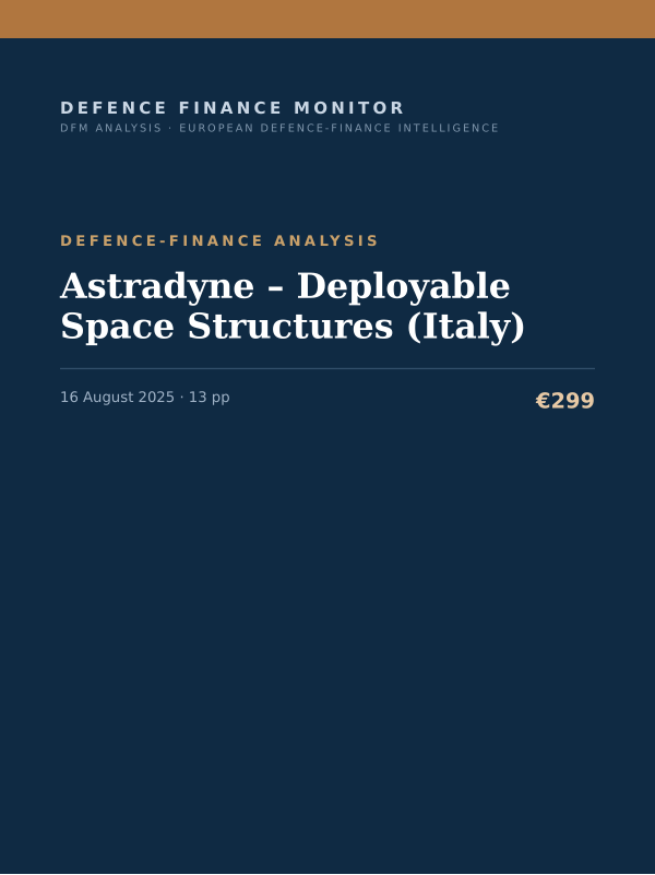 Cover of the DFM report “Astradyne – Deployable Space Structures (Italy)” — Defence-Finance Analysis, 13-page PDF