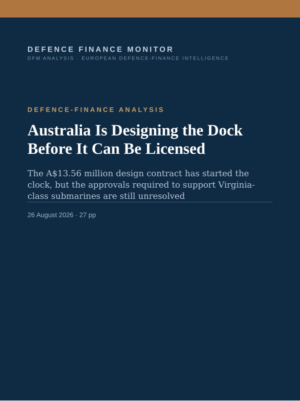 Cover of the DFM report “Australia Is Designing the Dock Before It Can Be Licensed” — Defence-Finance Analysis, 27-page PDF