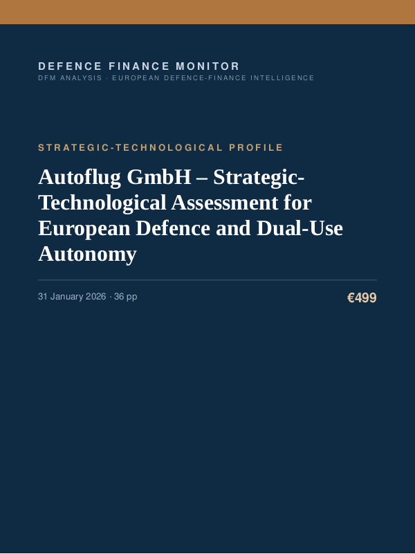 Cover of the DFM report “Autoflug GmbH – Strategic-Technological Assessment for European Defence and Dual-Use Autonomy” — Strategic-Technological Profile, 36-page PDF