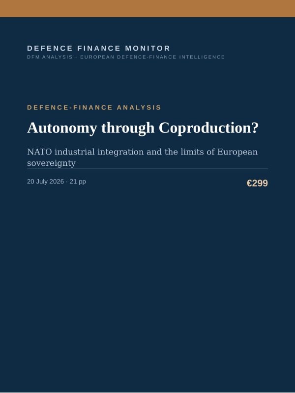 Cover of the DFM report “Autonomy through Coproduction?” — Defence-Finance Analysis, 21-page PDF