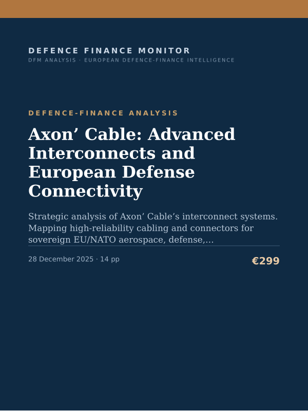 Cover of the DFM report “Axon’ Cable: Advanced Interconnects and European Defense Connectivity” — Defence-Finance Analysis, 14-page PDF