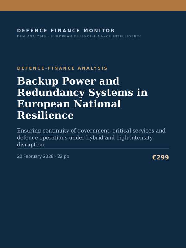 Cover of the DFM report “Backup Power and Redundancy Systems in European National Resilience” — Defence-Finance Analysis, 22-page PDF
