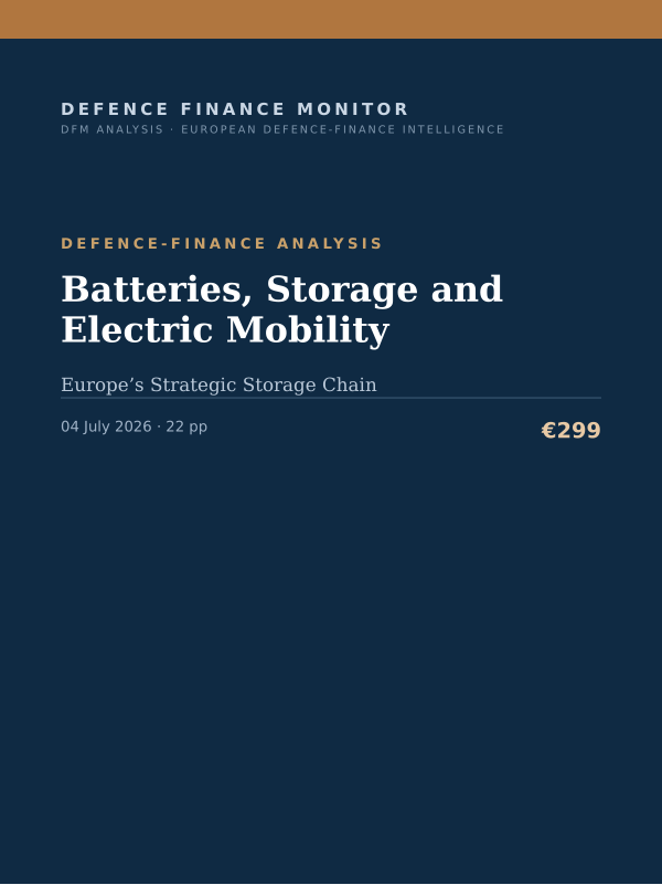 Cover of the DFM report “Batteries, Storage and Electric Mobility” — Defence-Finance Analysis, 22-page PDF