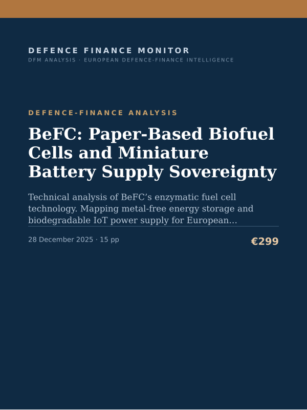 Cover of the DFM report “BeFC: Paper-Based Biofuel Cells and Miniature Battery Supply Sovereignty” — Defence-Finance Analysis, 15-page PDF