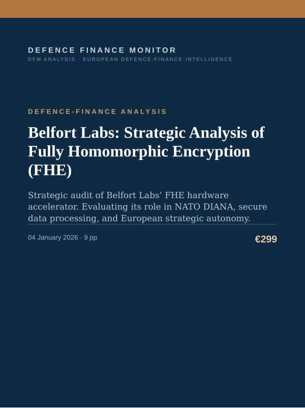 Cover of the DFM report “Belfort Labs: Strategic Analysis of Fully Homomorphic Encryption (FHE)” — Defence-Finance Analysis, 9-page PDF