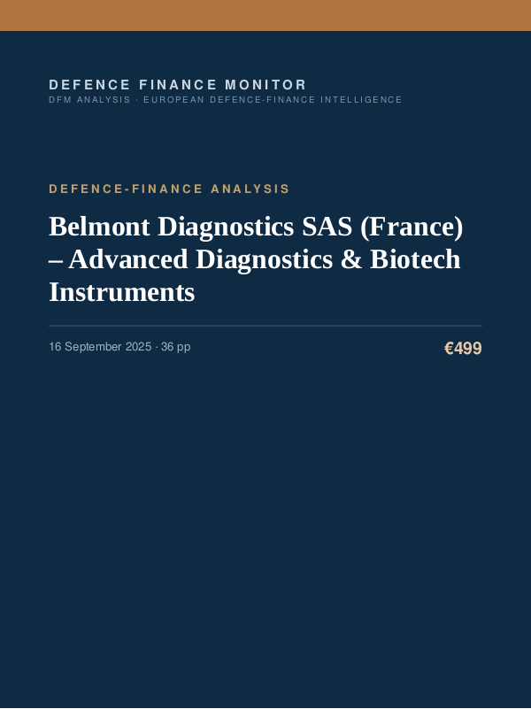 Cover of the DFM report “Belmont Diagnostics SAS (France) – Advanced Diagnostics & Biotech Instruments” — Defence-Finance Analysis, 36-page PDF