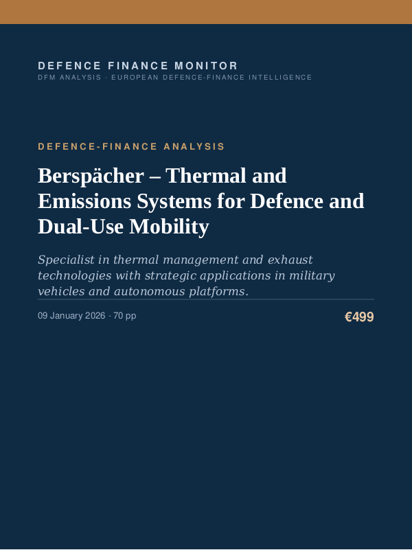 Cover of the DFM report “Berspächer – Thermal and Emissions Systems for Defence and Dual-Use Mobility” — Defence-Finance Analysis, 70-page PDF