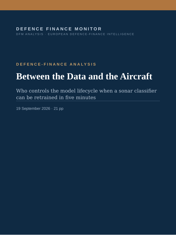 Cover of the DFM report “Between the Data and the Aircraft” — Defence-Finance Analysis, 21-page PDF
