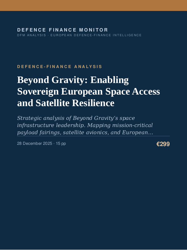 Cover of the DFM report “Beyond Gravity: Enabling Sovereign European Space Access and Satellite Resilience” — Defence-Finance Analysis, 15-page PDF