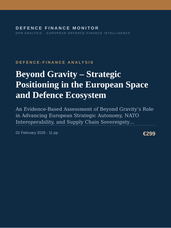 Cover of the DFM report “Beyond Gravity – Strategic Positioning in the European Space and Defence Ecosystem” — Defence-Finance Analysis, 11-page PDF