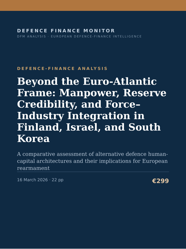 Cover of the DFM report “Beyond the Euro-Atlantic Frame: Manpower, Reserve Credibility, and Force–Industry Integration in Finland, Israel, and South Korea” — Defence-Finance Analysis, 22-page PDF