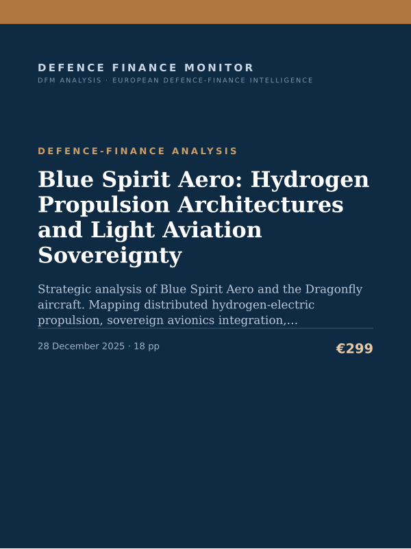 Cover of the DFM report “Blue Spirit Aero: Hydrogen Propulsion Architectures and Light Aviation Sovereignty” — Defence-Finance Analysis, 18-page PDF