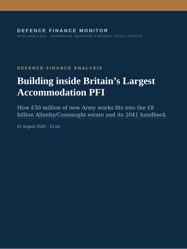 Cover of the DFM report “Building inside Britain’s Largest Accommodation PFI” — Defence-Finance Analysis, 22-page PDF