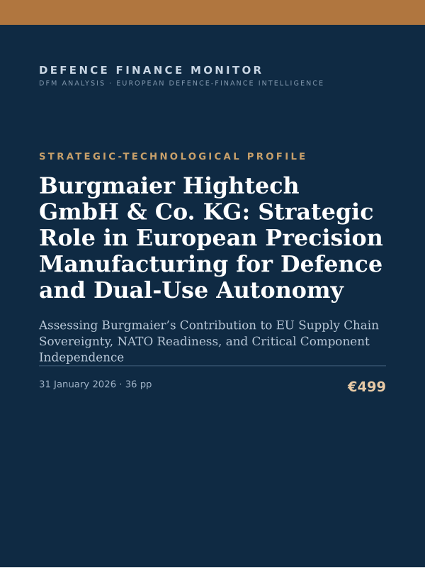 Cover of the DFM report “Burgmaier Hightech GmbH & Co. KG: Strategic Role in European Precision Manufacturing for Defence and Dual-Use Autonomy” — Strategic-Technological Profile, 36-page PDF