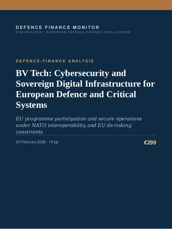 Cover of the DFM report “BV Tech: Cybersecurity and Sovereign Digital Infrastructure for European Defence and Critical Systems” — Defence-Finance Analysis, 16-page PDF