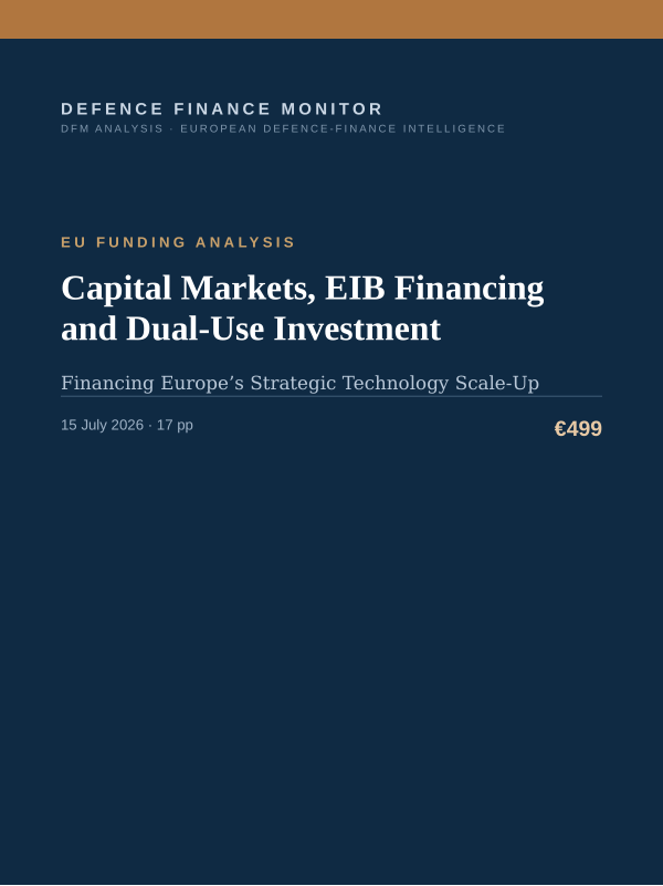 Cover of the DFM report “Capital Markets, EIB Financing and Dual-Use Investment” — Eu Funding Analysis, 17-page PDF