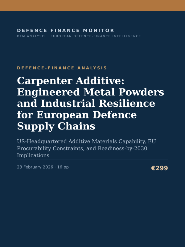 Cover of the DFM report “Carpenter Additive: Engineered Metal Powders and Industrial Resilience for European Defence Supply Chains” — Defence-Finance Analysis, 16-page PDF