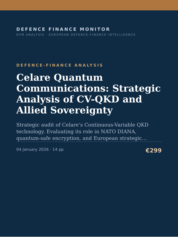 Cover of the DFM report “Celare Quantum Communications: Strategic Analysis of CV-QKD and Allied Sovereignty” — Defence-Finance Analysis, 14-page PDF